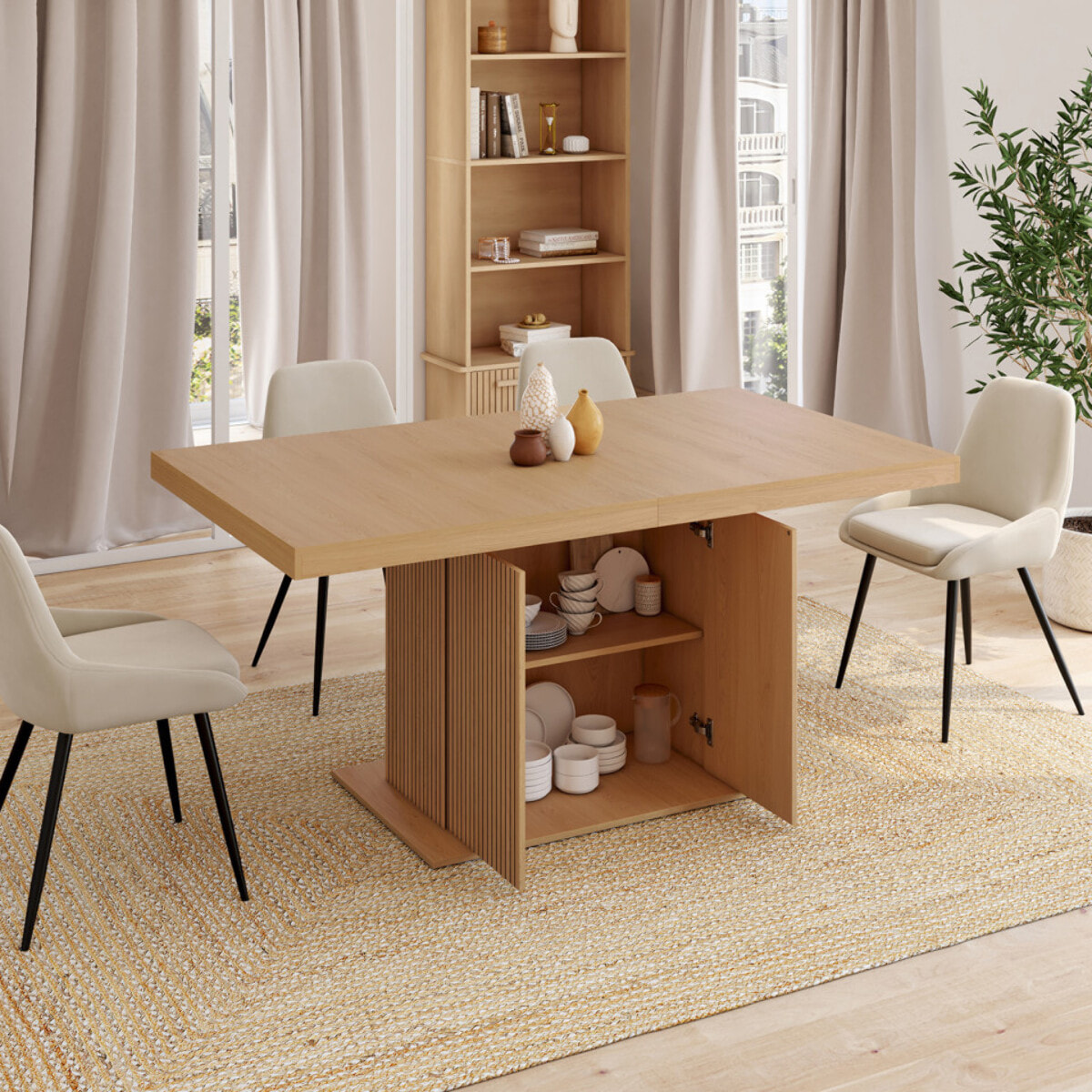 Table à manger extensible Faustine bois et pied lattes avec rangement 160-200cm