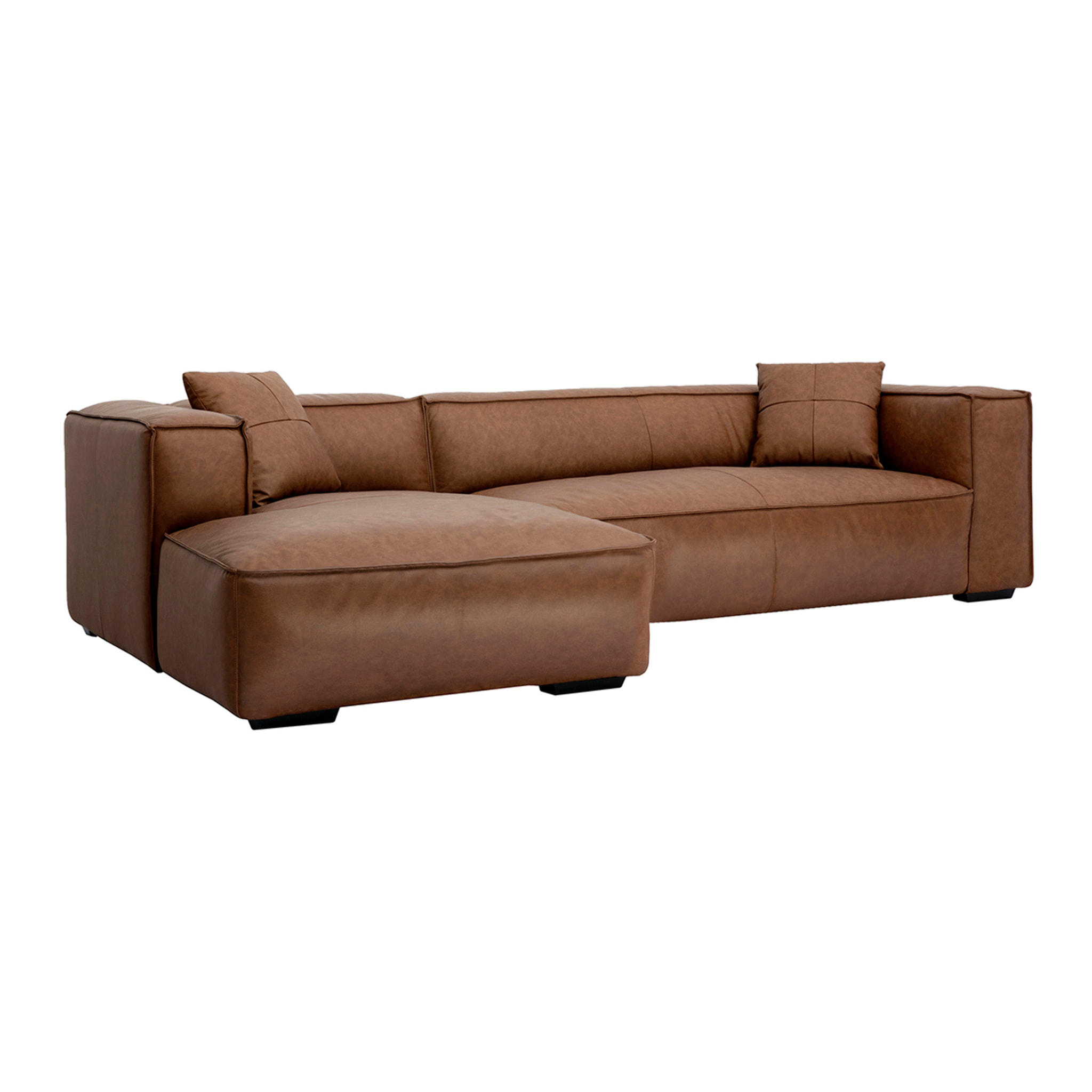 Canapé d'angle gauche vintage 4-5 places en cuir marron et bois noir COBAIN