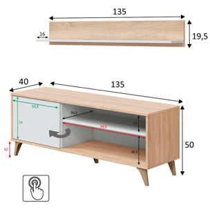 Mueble tv kiko + estante 1p roble/blanco