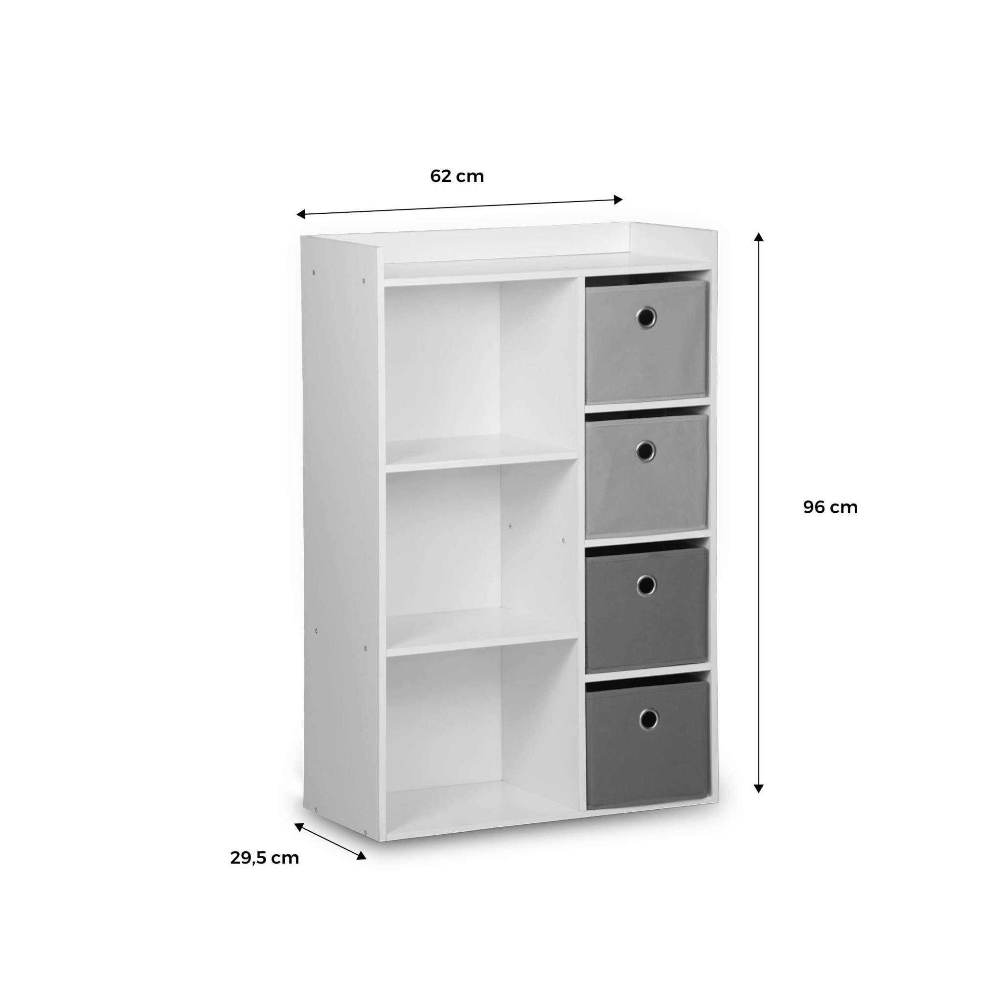Meuble de rangement pour enfant. blanc - Camille - avec 7 compartiments et 4 paniers gris et roses