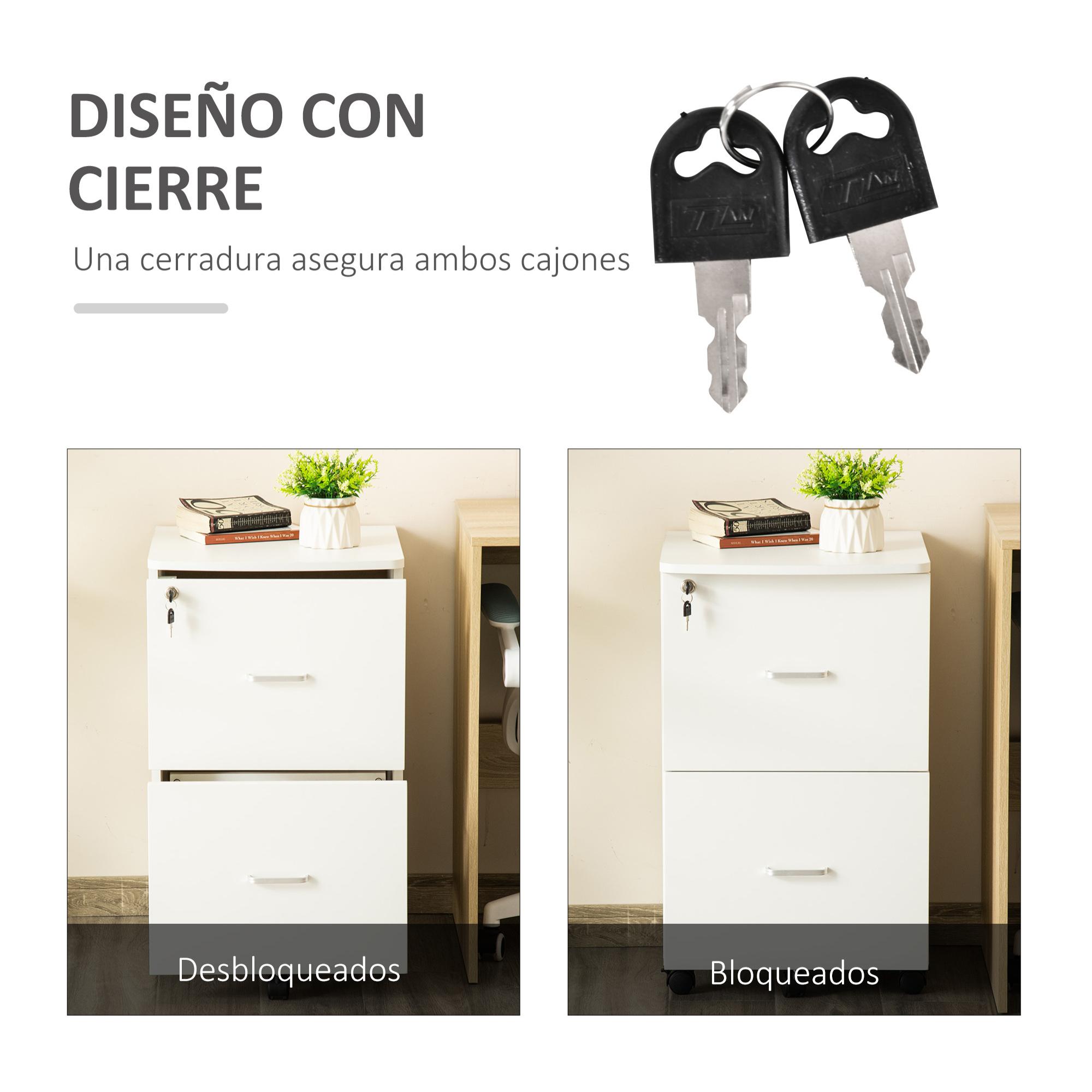 Cajonera de Oficina Mueble Auxiliar para Archivos con 2 Cajones Cerradura de 2 Llaves 5 Ruedas y 2 Frenos para Estudio Despacho Dormitorio 43x45x72 cm Blanco