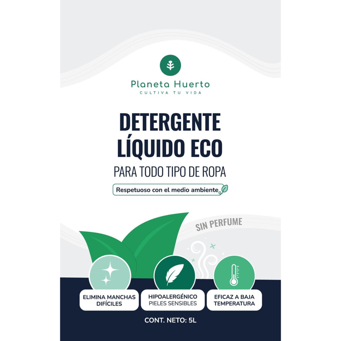 PLANETA HUERTO | Detergente Líquido Ropa ECO 5 Litros Ecológico y eficaz para todo tipo de prendas - Elimina las manchas más difíciles - Cuida y protege la ropa