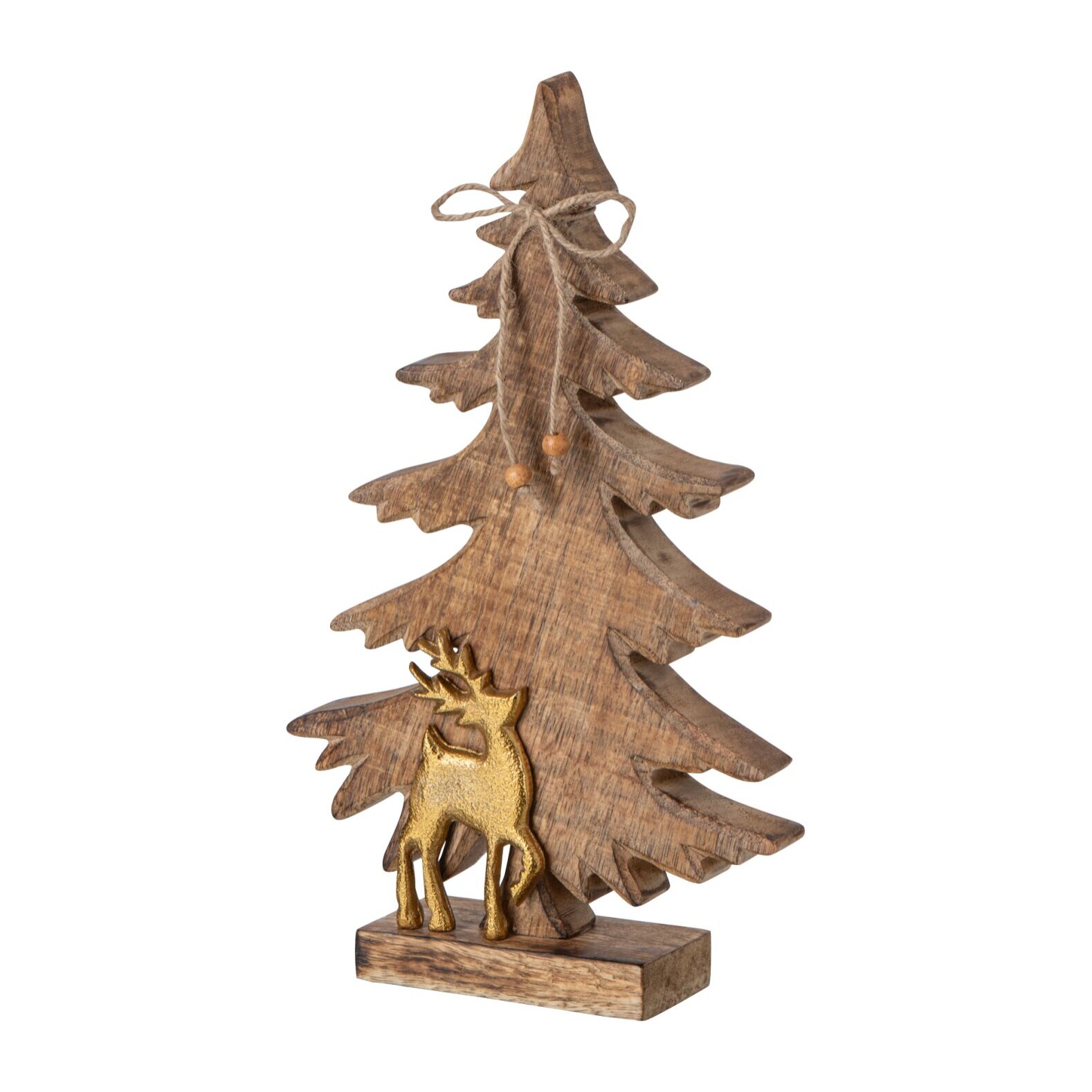 J-Line sapin avec renne - bois de manguier - naturel/doré - small