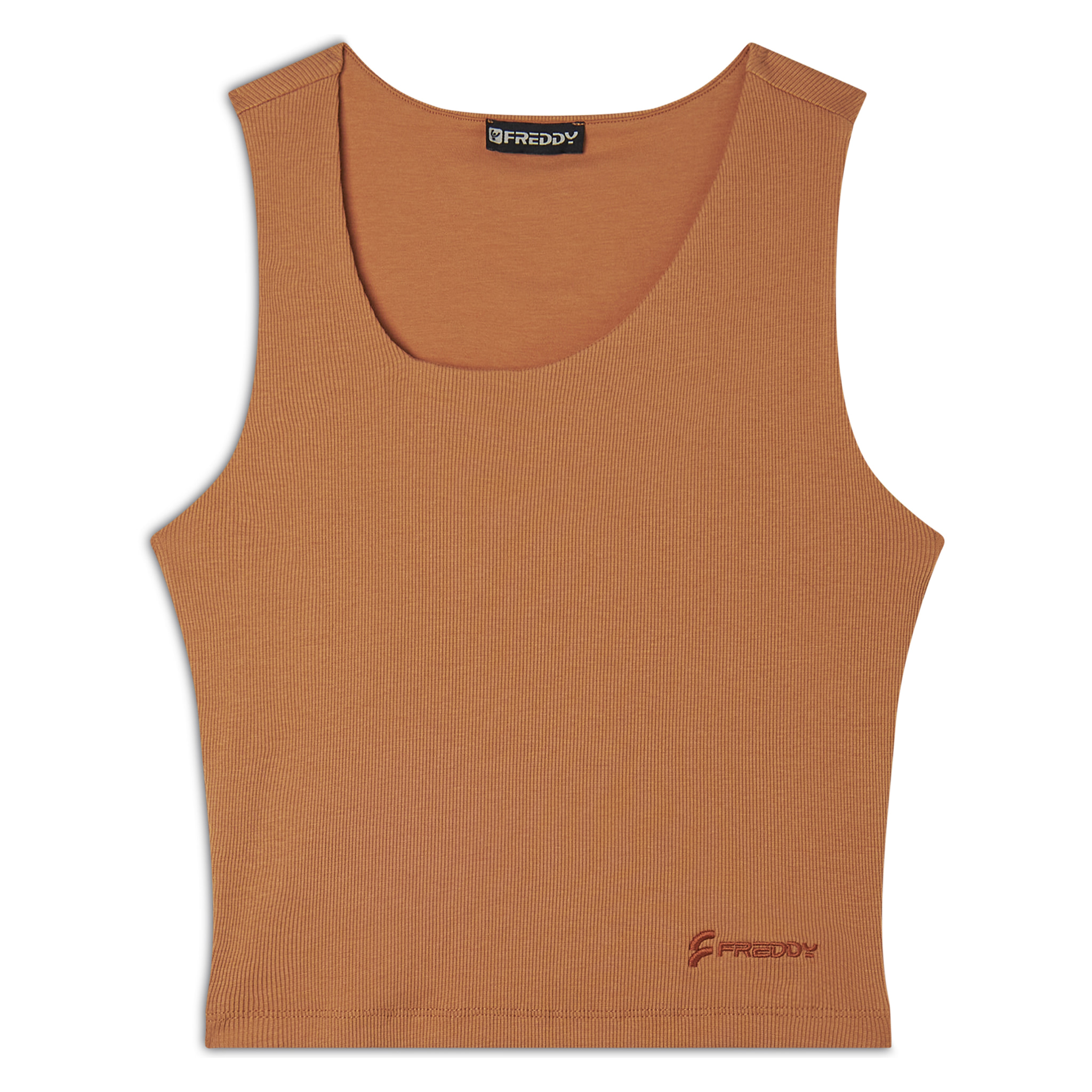 Top a costine stretch con scollo asimmetrico