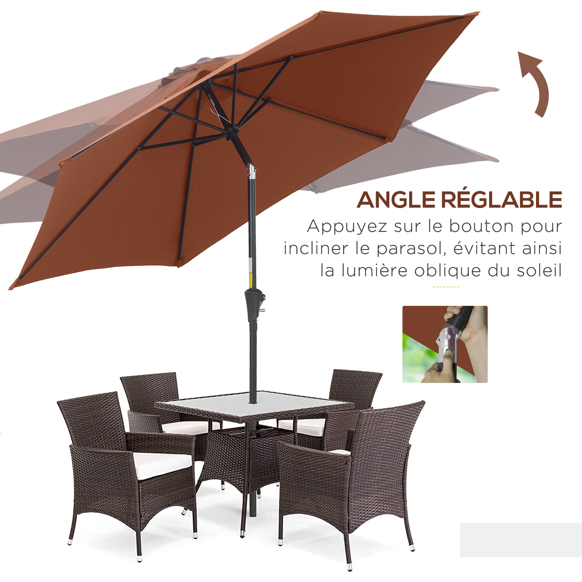 Parasol inclinable de jardin balcon terrasse manivelle toile polyester imperméabilisée haute densité 180 g/m² Ø2,6 x 2,35H m alu café