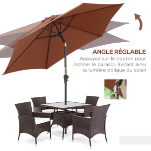 Parasol inclinable de jardin balcon terrasse manivelle toile polyester imperméabilisée haute densité 180 g/m² Ø2,6 x 2,35H m alu café