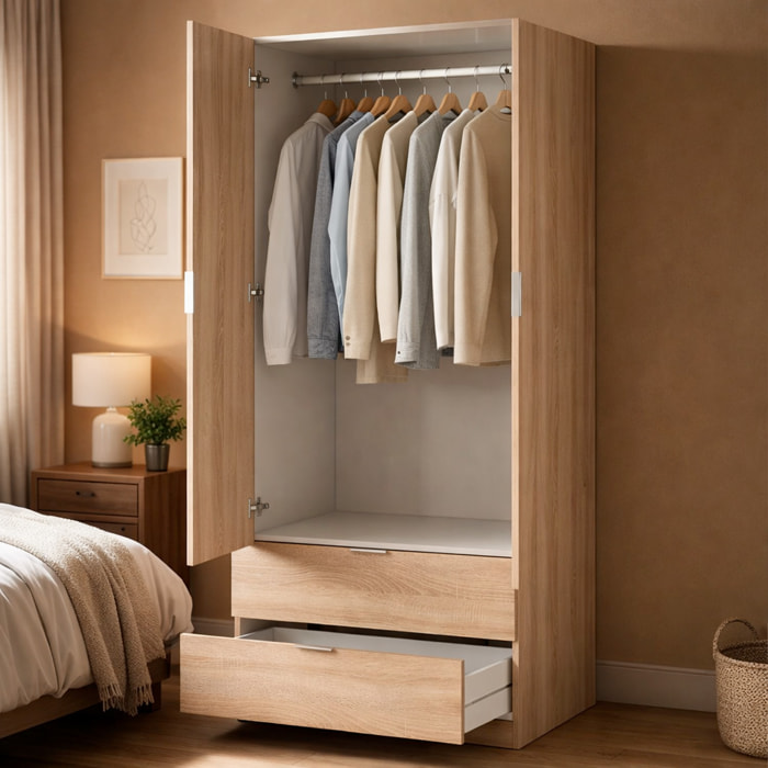 Armadio Guardaroba A 2 Ante Con Barra Appendiabiti E 2 Cassetti Inferiori Mobile Capiente Salvaspazio 180 x 81.2 x 52 Cm Colore Rovere