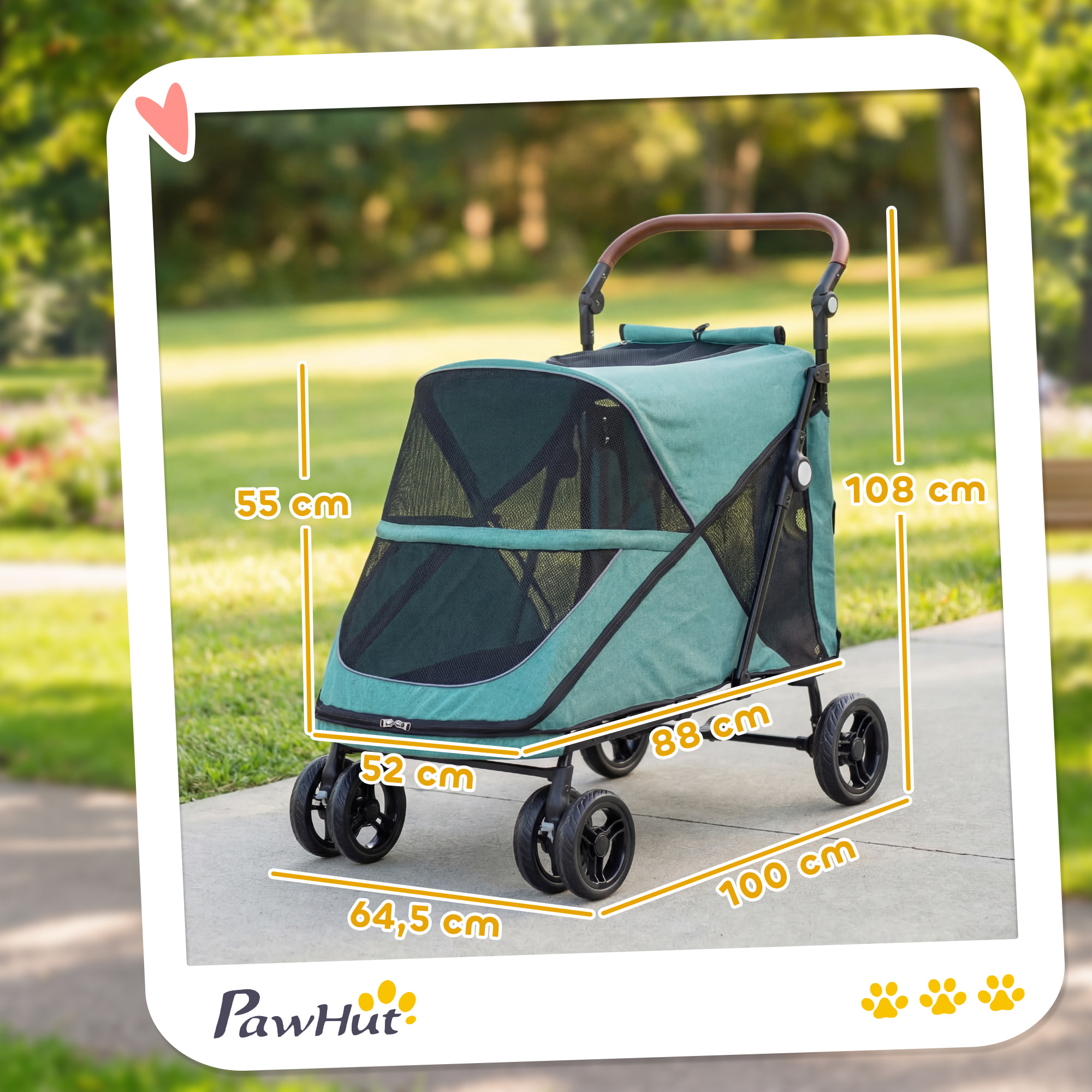 Carrito para Perros y Gatos Grande Plegable con un Botón hasta 30 kg, Cochecito para Perros Medianos y Grandes, Suspensión 4 Ruedas, Giratorio, Freno de Pie, Cojín Lavable, Turquesa