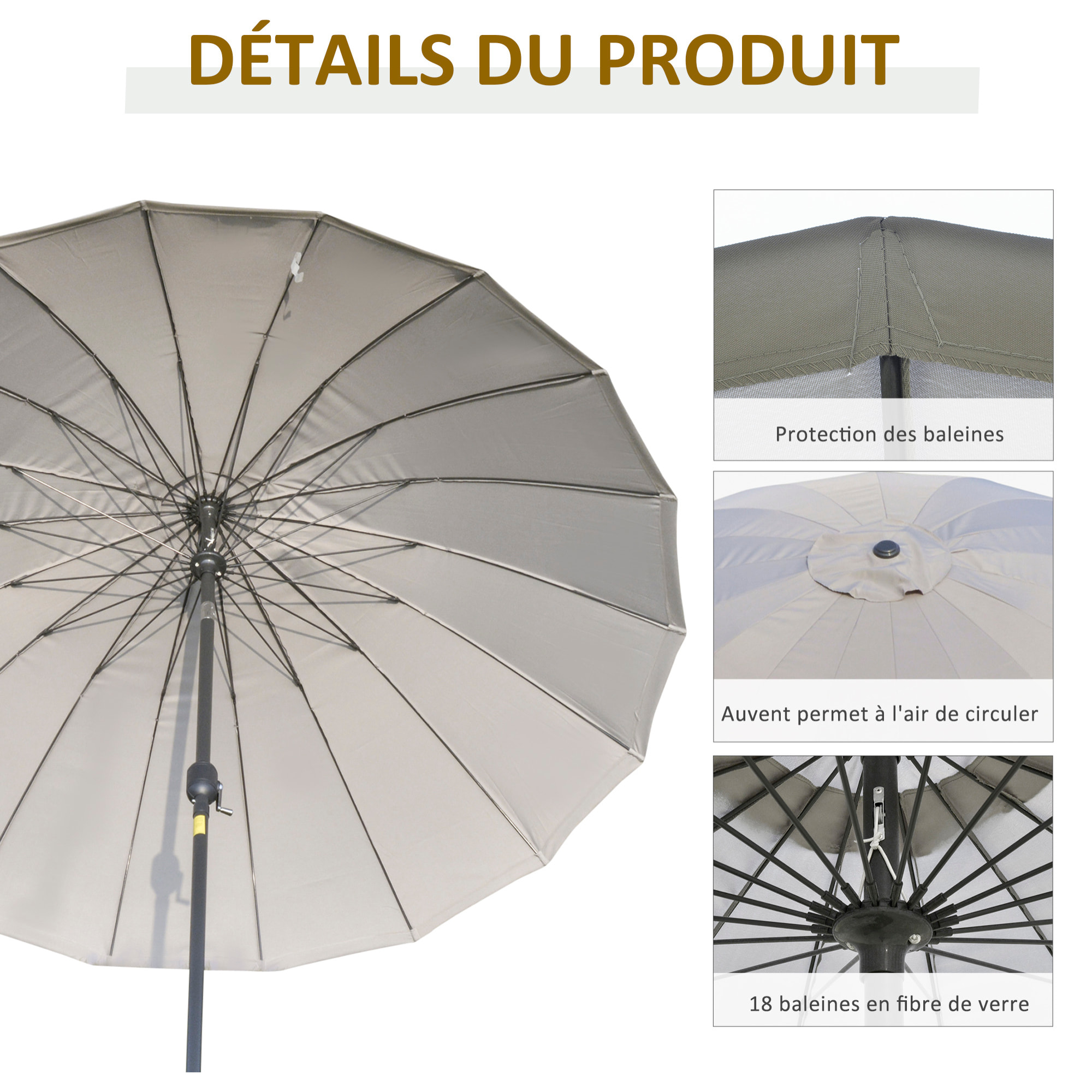 Parasol inclinable rond avec manivelle métal fibre de verre Ø 2,55 m polyester haute densité gris