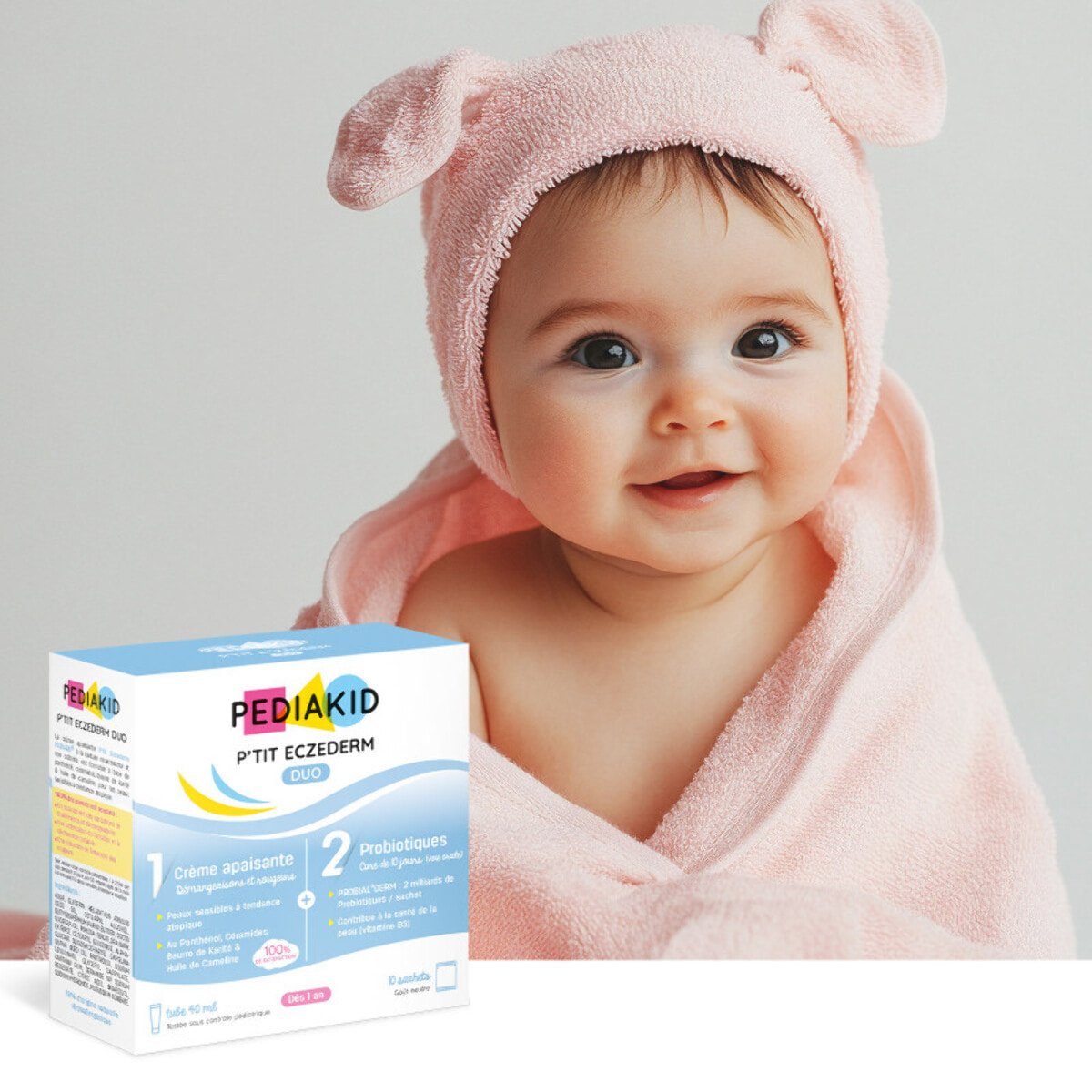 PEDIAKID - P'tit Eczederm Duo - Duo complet IN & OUT - Complément alimentaire probiotiques & crème apaisante naturelle - Peau sensible & sèche -  21 sachets + 1 tube - Lot de 3