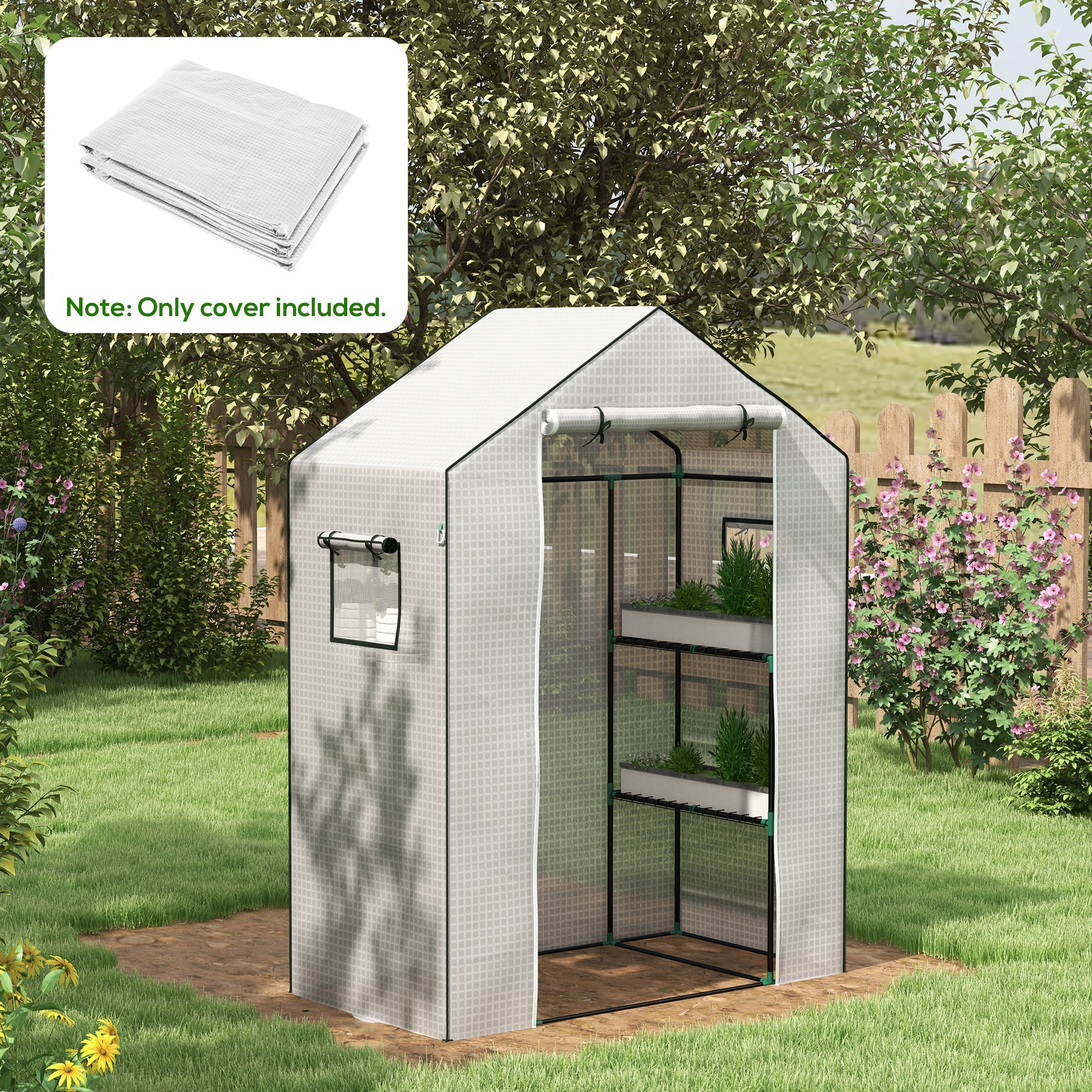 Bâche de remplacement serre de jardin dim. 140L x 73l x 190H cm - 2 fenêtres, porte zippée enroulable - PE anti-UV imperméable blanc