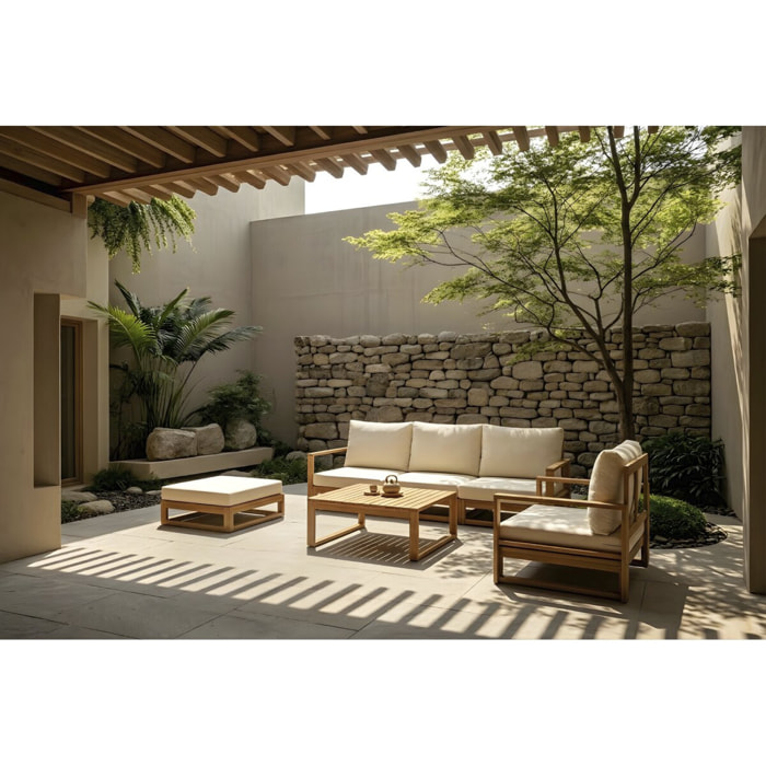 Salon de jardin en bois modulable avec coussins "Bellingham" - 5 places - Beige