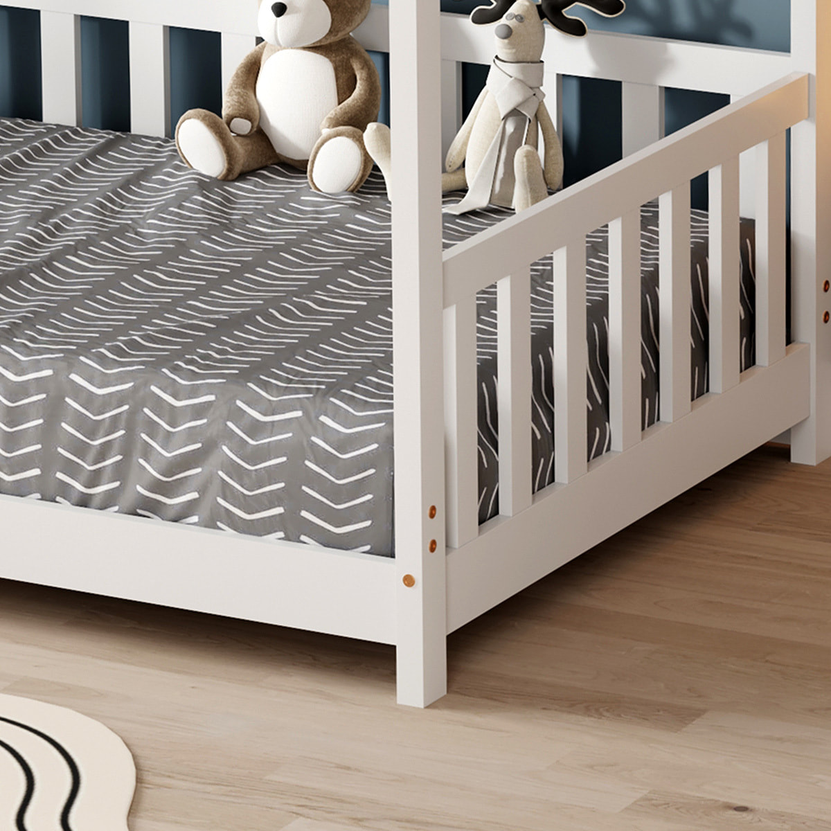 Lit Cabane Tchoupi 90 x 190 cm, Blanc, Bois de Pin Naturel, avec barrières latérales de sécurité