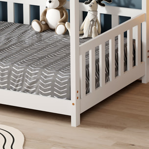 Lit Cabane Tchoupi 90 x 190 cm, Blanc, Bois de Pin Naturel, avec barrières latérales de sécurité