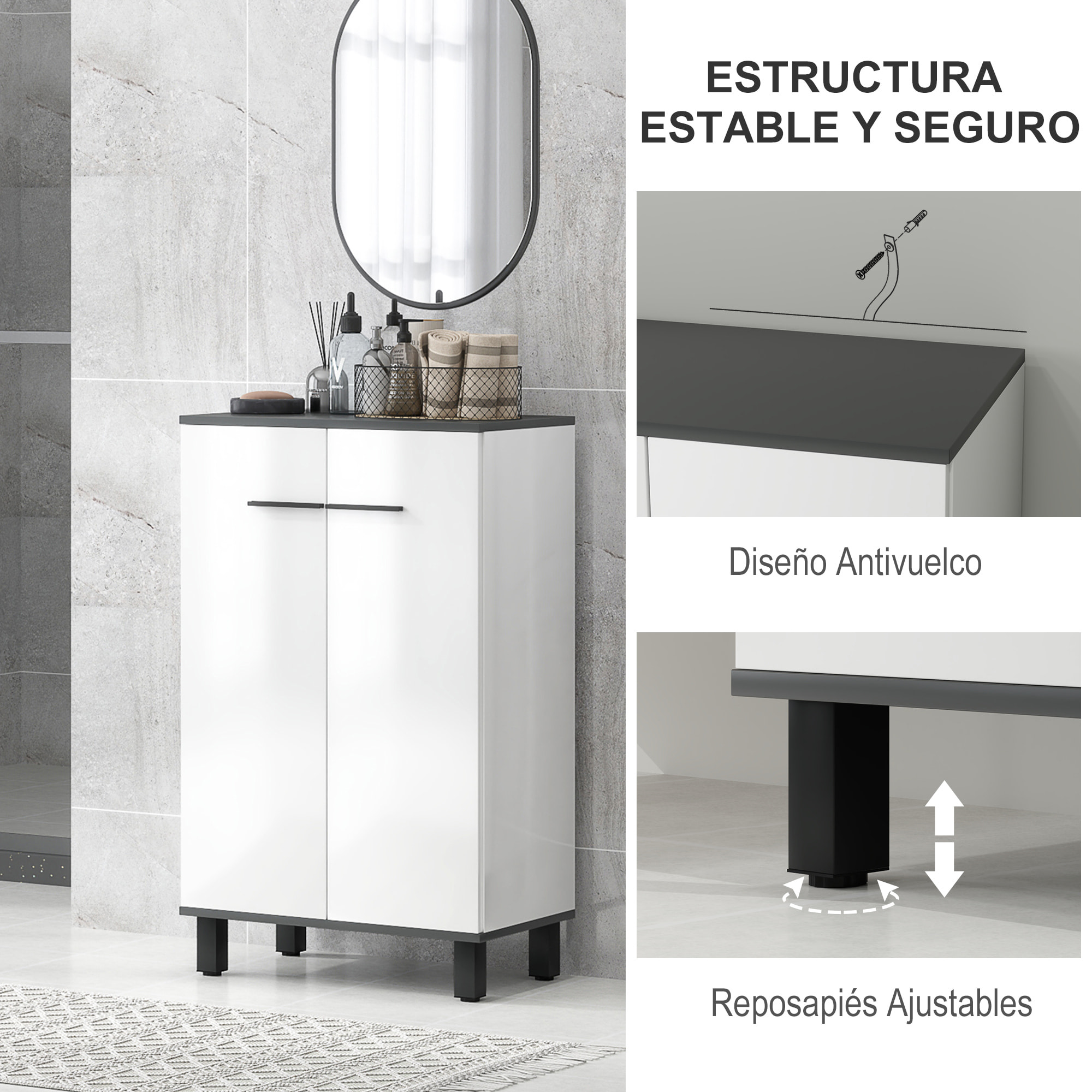 Armario de Baño Mueble Auxiliar de Baño con Puertas Estantes Ajustables y Sistema Anti-vuelco 60x34x94 cm Blanco Brillo