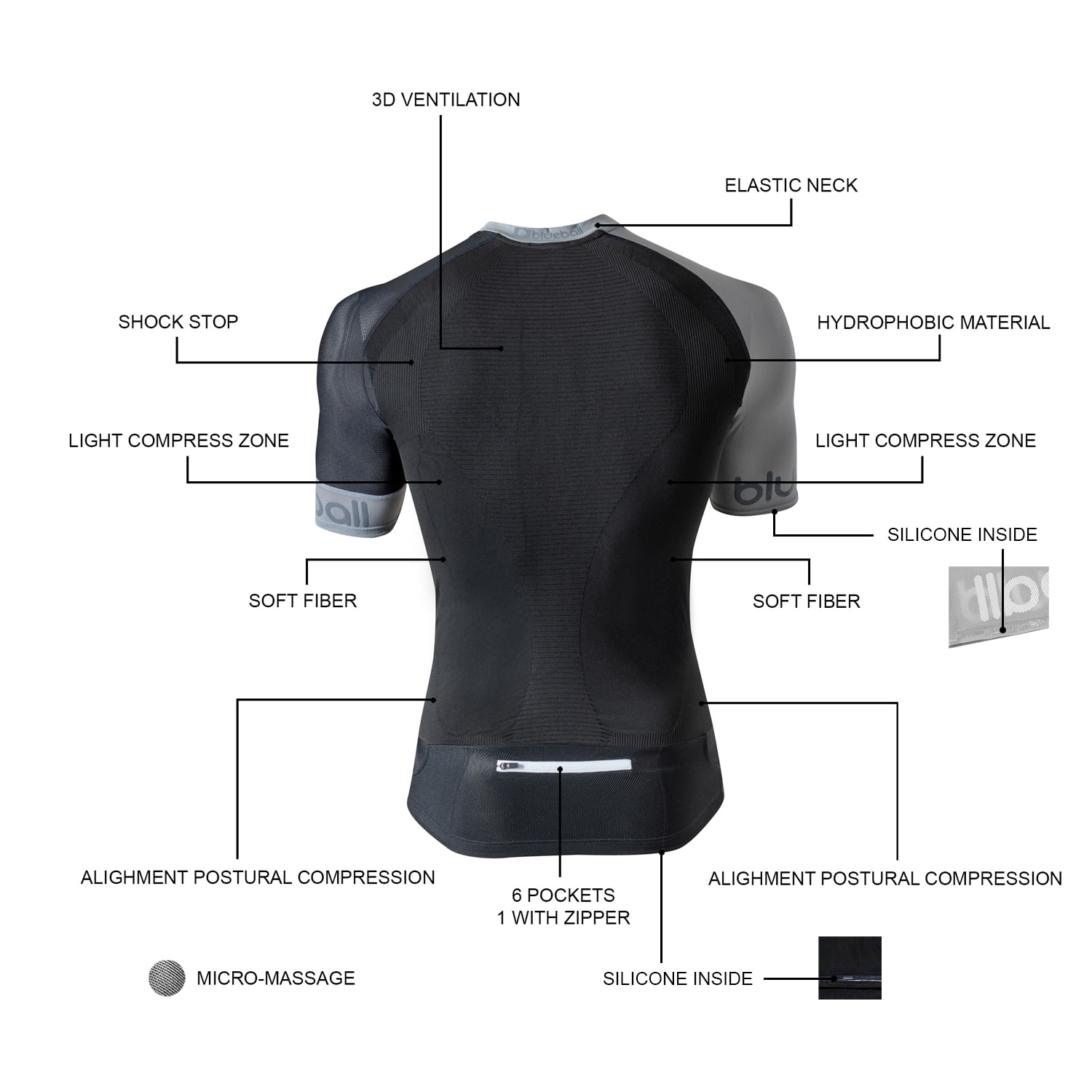 CAMISETA DE COMPRESIÓN RUNNING PARA HOMBRE DE MANGA CORTA BLUEBALL EN NEGRO Y GRIS