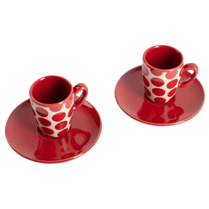 Set de 4pc café (2 tazas de 75ml + 2 platos de color solido) stoneware de topos rojos