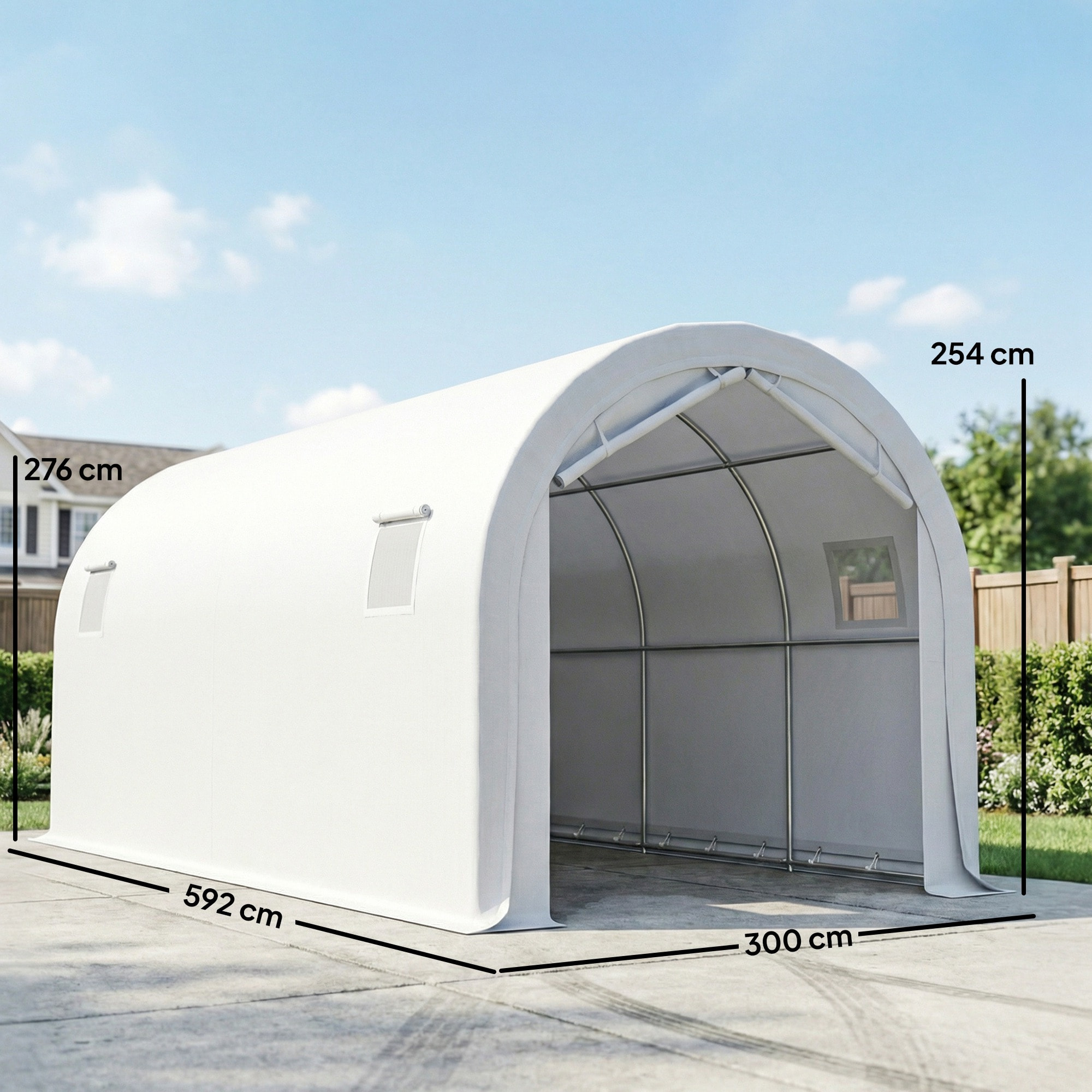 Carpa Garaje Portátil 3x6 m, Garaje Exterior para Coche Impermeable con Puerta Enrollable con Cremalleras y 4 Ventanas, Marco Metal Galvanizado, UPF 30+, Cobertizo de Almacenamiento, Blanco