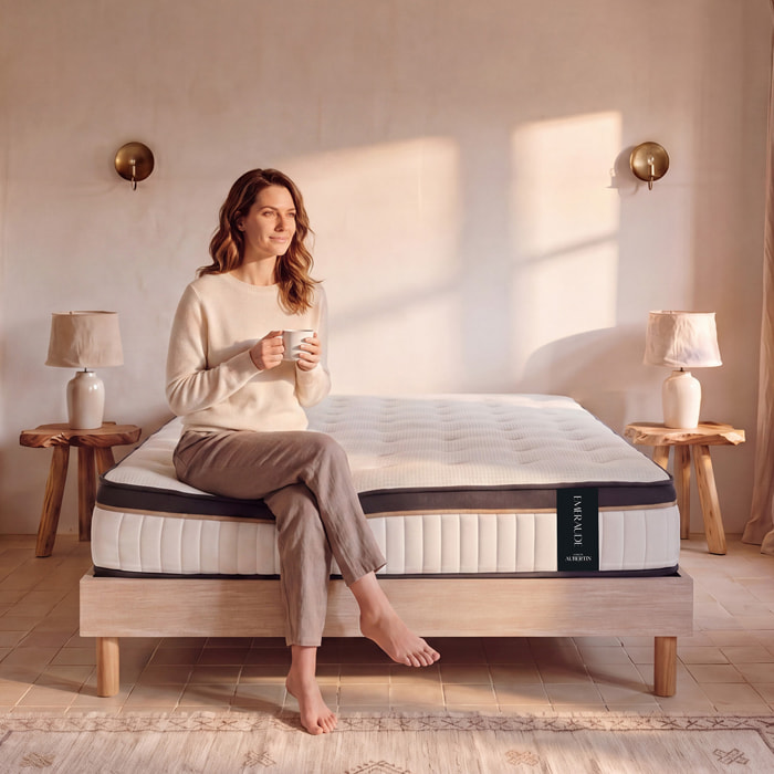 Ensemble Matelas Émeraude & Sommier Kit Bois, Mémoire de Forme & Air System, 25 cm, Accueil Moelleux, Soutien Ferme, Lattes Actives