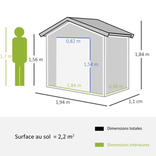 Abri de jardin - remise pour outils - cabanon porte verrouillable - dim. 194L x 110l x 184H cm - tôle d'acier gris