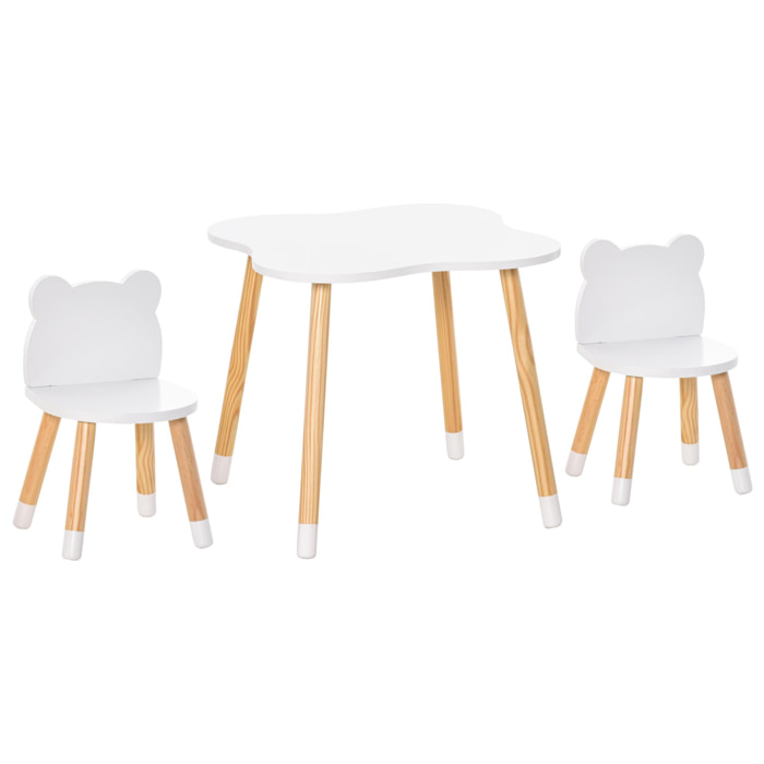 Ensemble table et chaises enfant design scandinave motif ourson bois pin MDF blanc