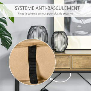 Console table d'appoint design industriel dim. 100L x 35l x 76H cm 2 tiroirs poignées laiton vieilli étagère métal noir aspect bois veinage