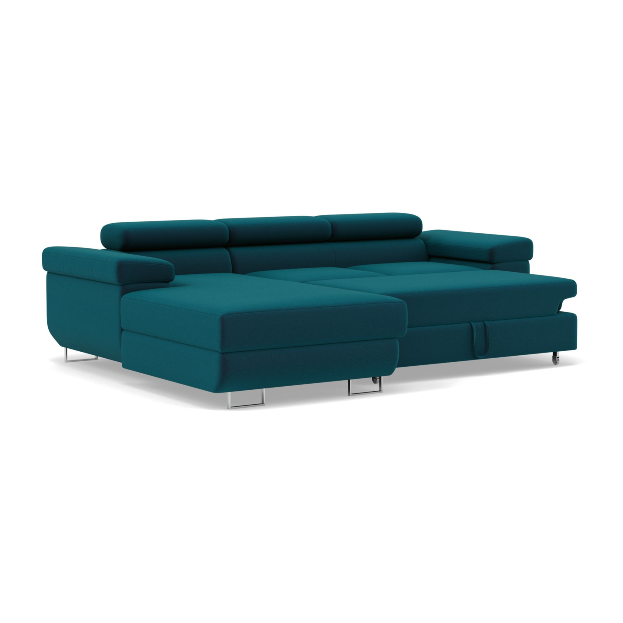 Pablo - canapé d'angle gauche - 6 places - convertible avec coffre et têtières réglables - en velours - Bleu canard