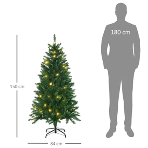 HOMCOM Árbol de Navidad Artificial Altura 150 cm Ignífugo con 502 Ramas 150 Luces LED IPX2 8 Modos Hojas de PVC Base Plegable y Soporte Metálico Decoración Navideña para Interiores Verde