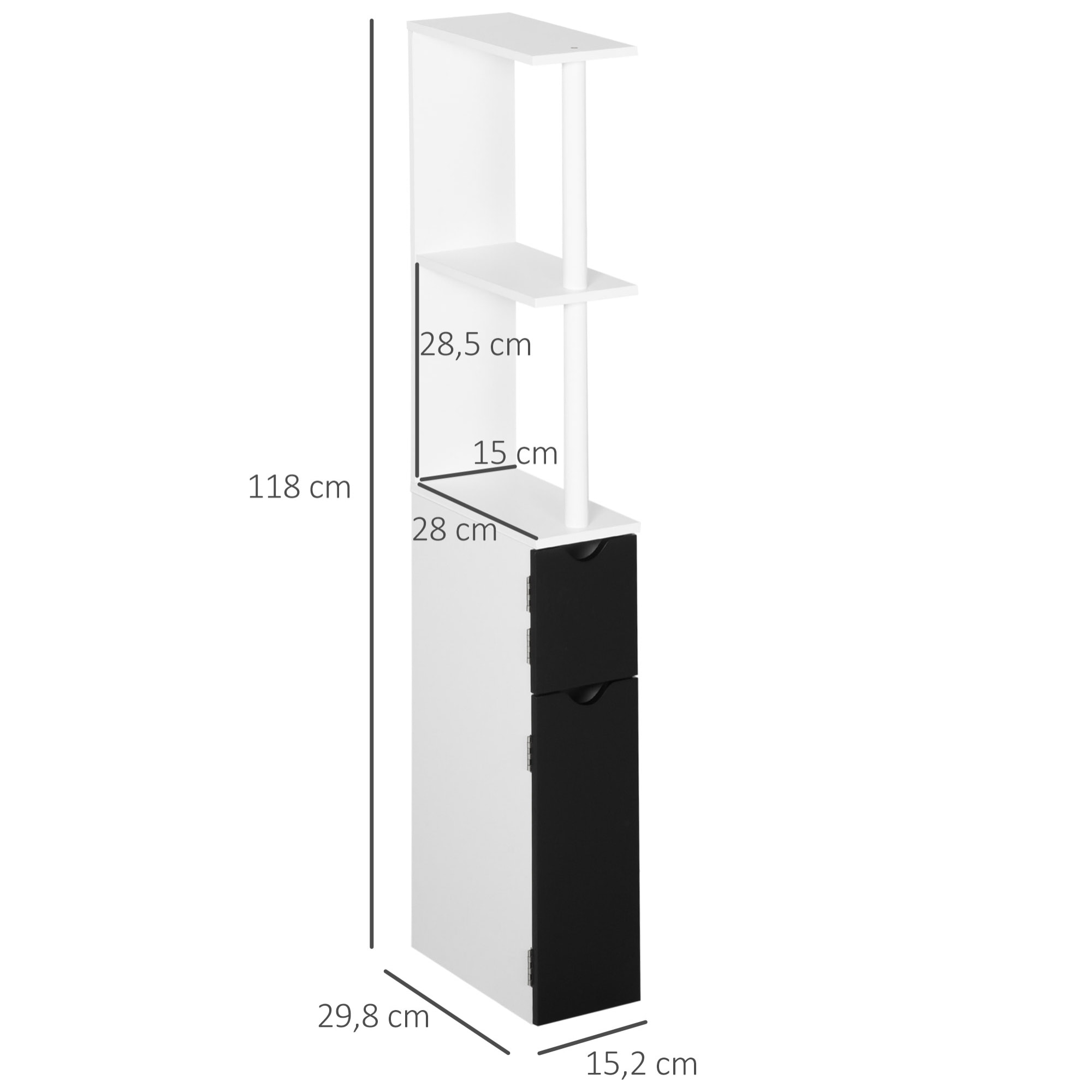 kleankin Armario Alto de Baño con 2 Puertas y 2 Estantes Abiertos Columna Auxiliar de Baño para Salón Aseo Dormitorio Estilo Moderno 15,2x29,8x118 cm Blanco y Negro