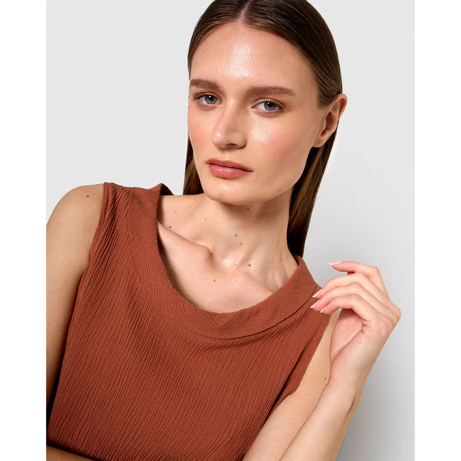 Vestido midi cuello drapeado algodón lino rosette