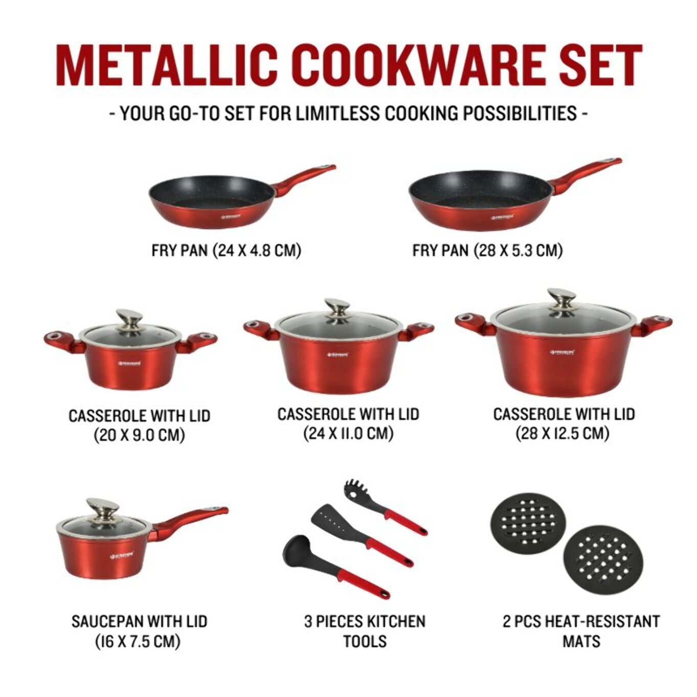 Batterie de cuisine 15 pièces avec revêtement en marbe Rouge Herzberg HGMETRD15-RED