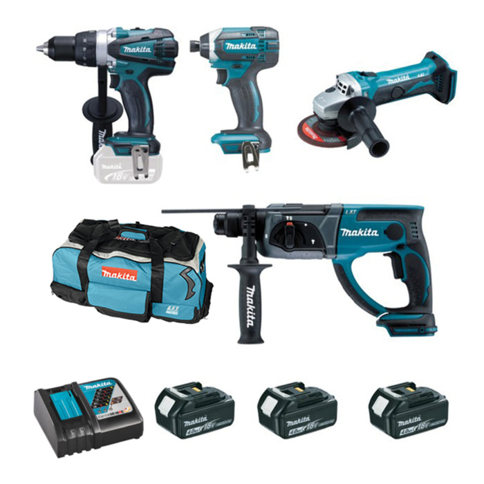 Set de 4 máquinas MAKITA - 3 Baterías 18V Li-Ion 4.0 - Taladro DDF458 + Amoladora DTD152 + Taladro DHR202 + Atornillador DGA452 - DLX4054MX1