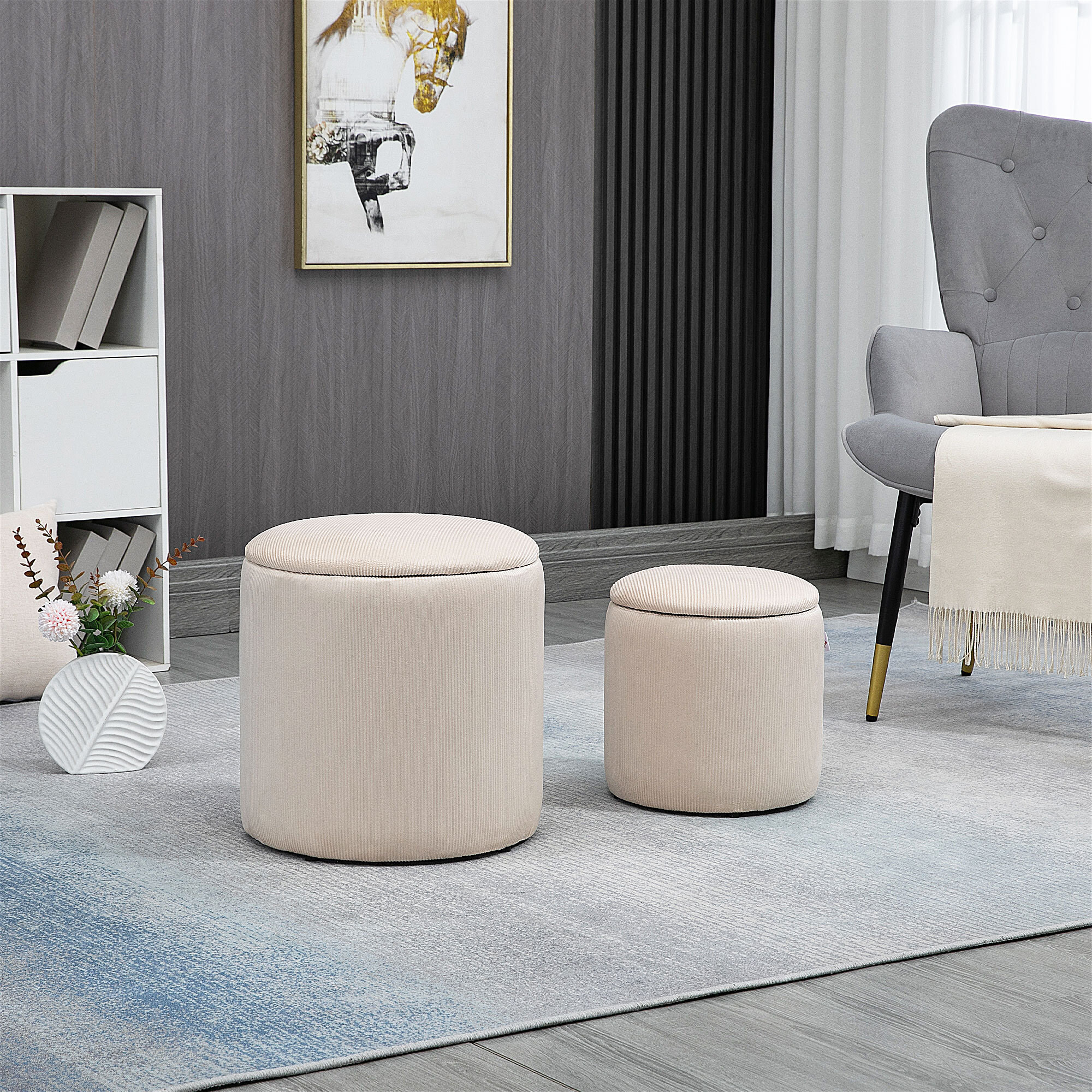 Lot de 2 poufs velours cotelé - poufs coffres 2 en 1 - poufs emboitables - Ø 40 et 30 cm - tissu crème