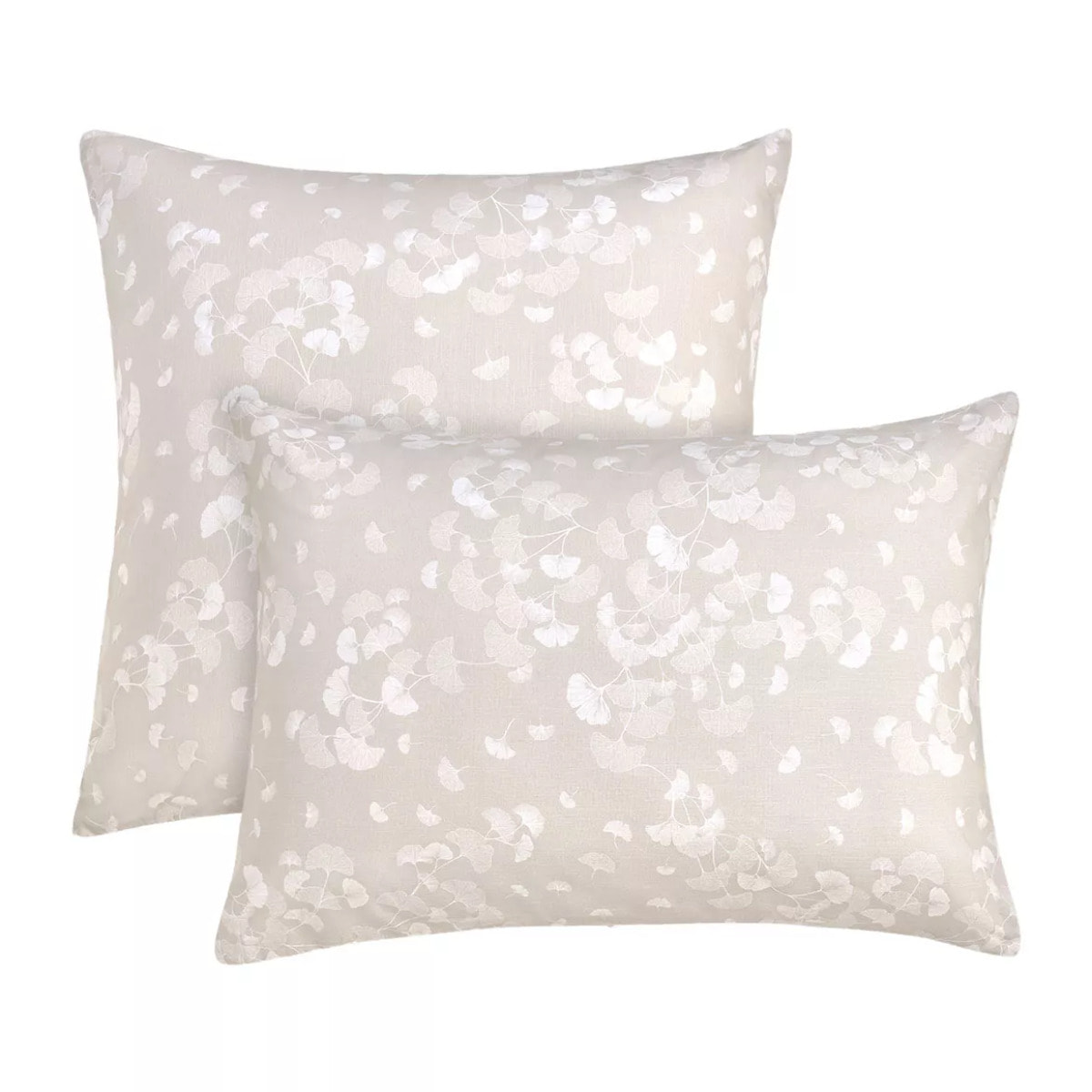 Taie d'oreiller pur coton lavé imprimé beige Souffle de ginkos naturel