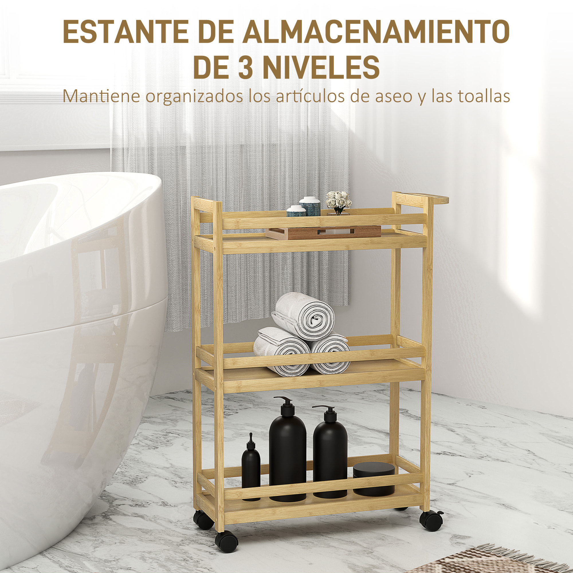 Estantería de Baño de Bambú de 3 Niveles Carrito Auxiliar de Almacenaje con Ruedas para Salón Cocina 55x20x75 cm Natural