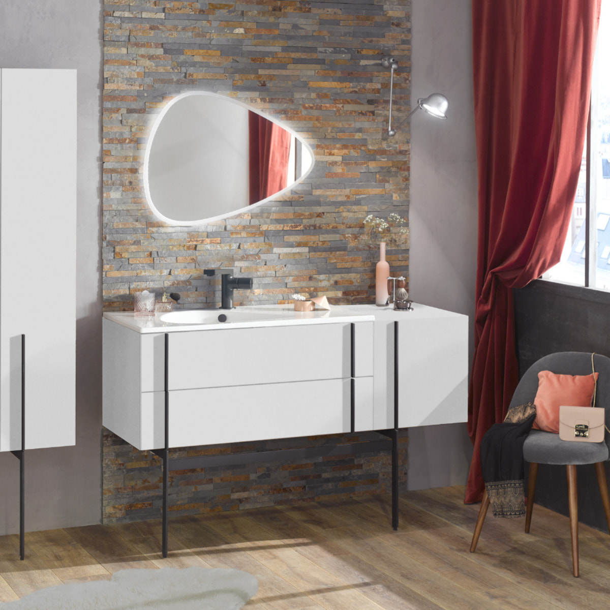 Meuble de salle de bain 145 cm Nouvelle Vague blanc brillant + tiroir rack + colonne 2 portes + miroir + pied