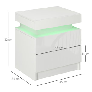 Mesita de Noche Blanca con Luz LED Mesilla de Noche Frontal de Alto Brillo con 2 Cajones y Mando a Distancia para Salón Dormitorio 45x35x52 cm