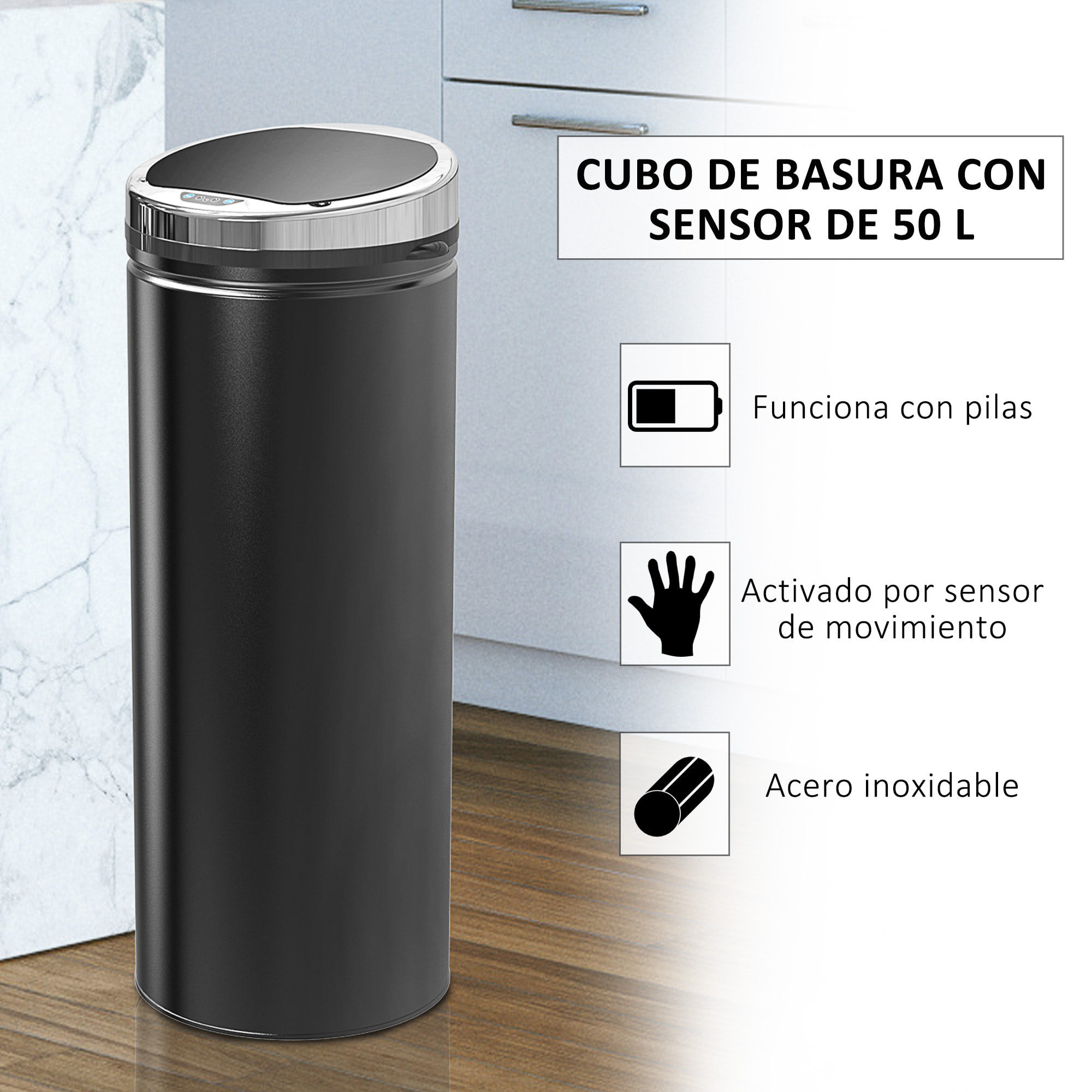 Cubo de Basura Automático 50L, Papelera Cocina con Sensor de Movimiento, Tapa Cierre Suave y Silencioso, Cuerpo de Acero Inoxidable, para Comedor, Oficina, Negro