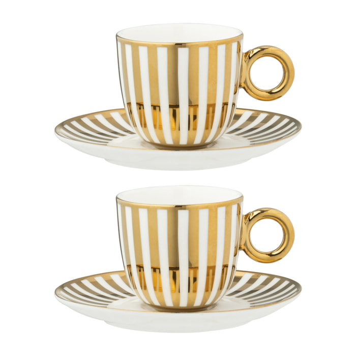J-Line tasse + sous-tasse Lignés - porcelaine - blanc/or - small