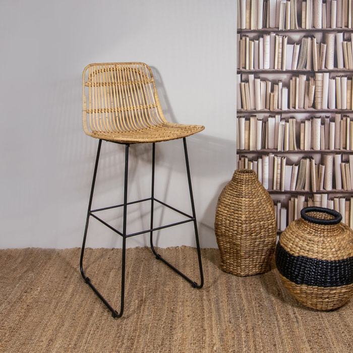 Lot de 2 chaises de bar en rotin et pieds en métal noir KAIKURA