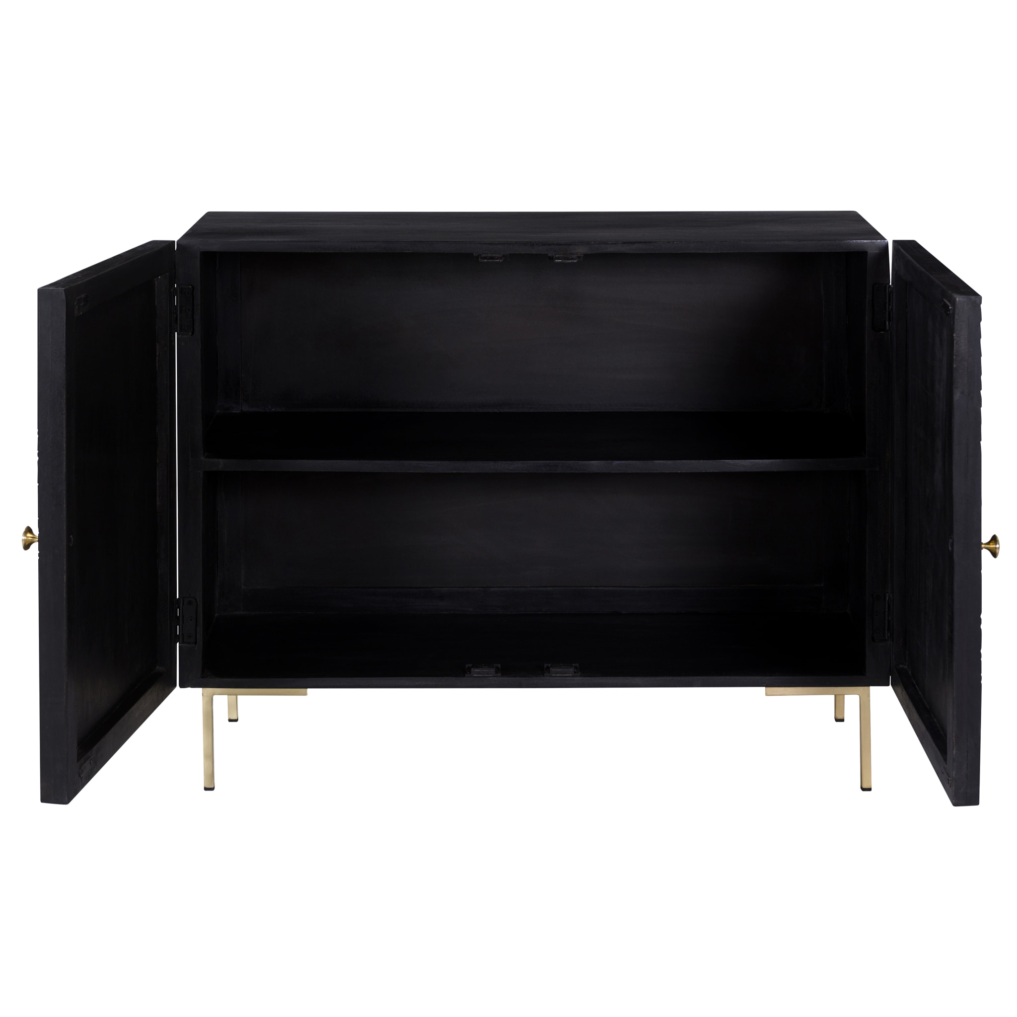 Commode 2 portes en bois gravé noir et métal doré - Chimane