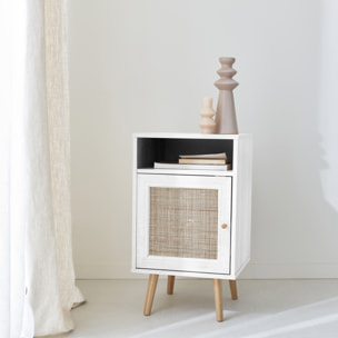 Table de chevet décor bois blanc en cannage - Bohème - 40x39x70cm. blanc - 2 niveaux - 1 porte - 1 espace de rangement - pieds scandinaves