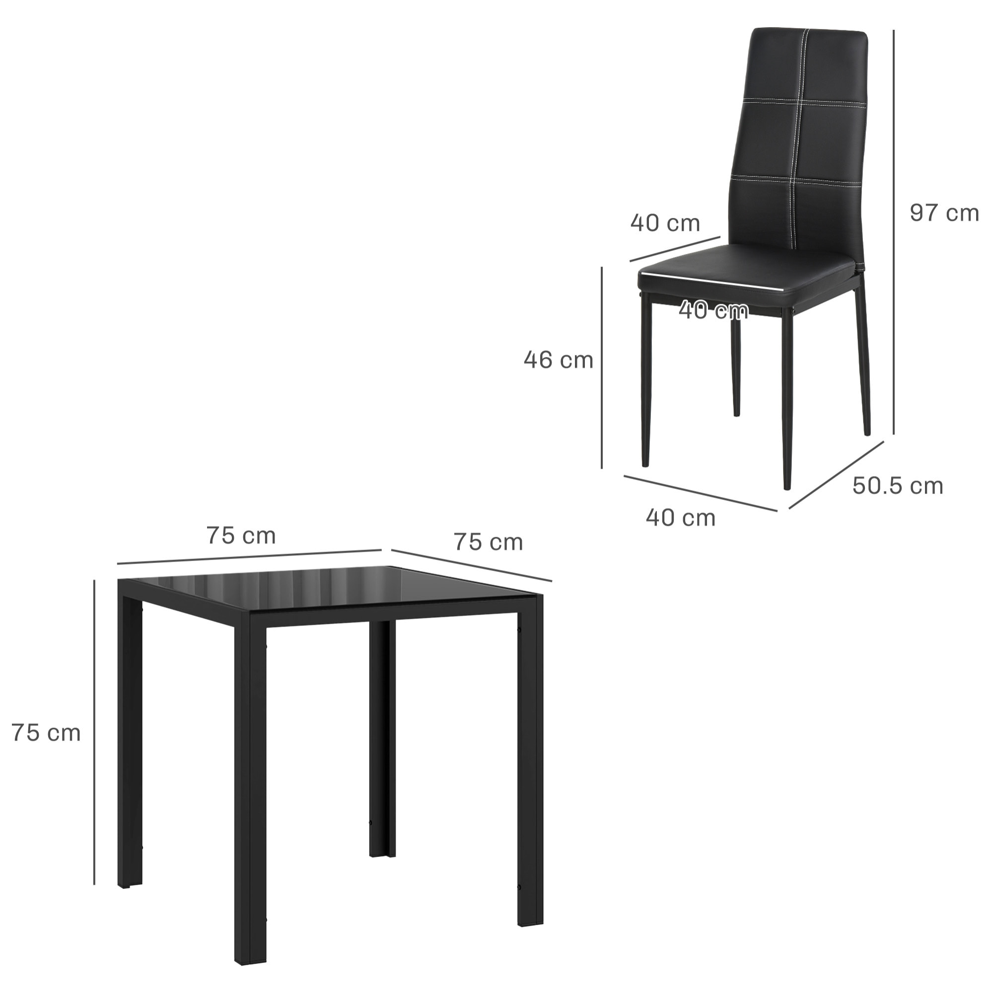 Ensemble table à manger carré et 2 chaises grand confort métal noir plateau verre trempé 8 mm