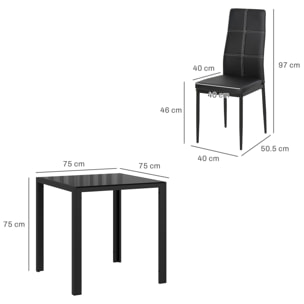 Ensemble table à manger carré et 2 chaises grand confort métal noir plateau verre trempé 8 mm