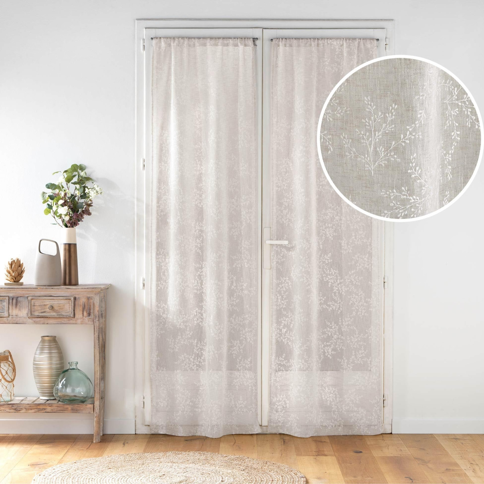 Paire de voilages passe-tringle en voile tissé motif feuillage - Taupe