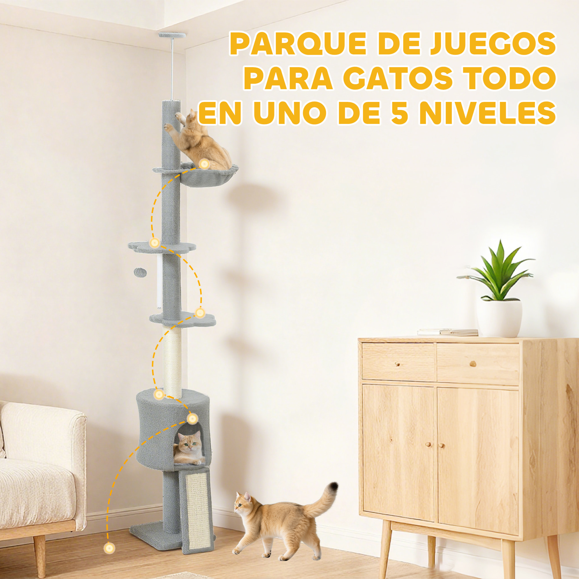 Árbol para Gatos de Suelo a Techo, Altura Ajustable de 220-240 cm, Torre para Gatos con Hamaca, Plataformas en Flor, Cuevas, Rampa y Bola, Gris Claro