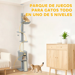 Árbol para Gatos de Suelo a Techo, Altura Ajustable de 220-240 cm, Torre para Gatos con Hamaca, Plataformas en Flor, Cuevas, Rampa y Bola, Gris Claro