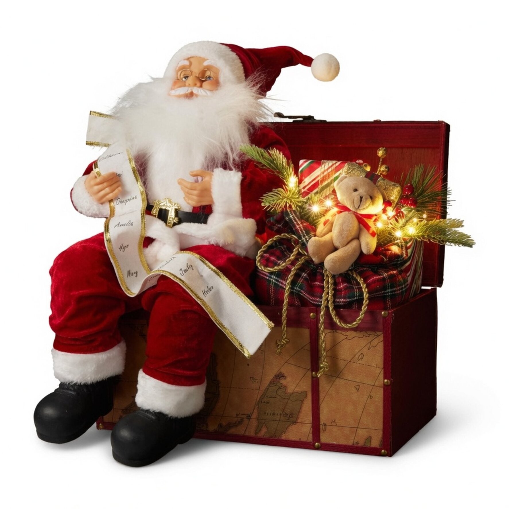 Papá noel sentado sobre regalo con música y luz led, figura navideña decorativa con activación por voz 42x36x52 cm