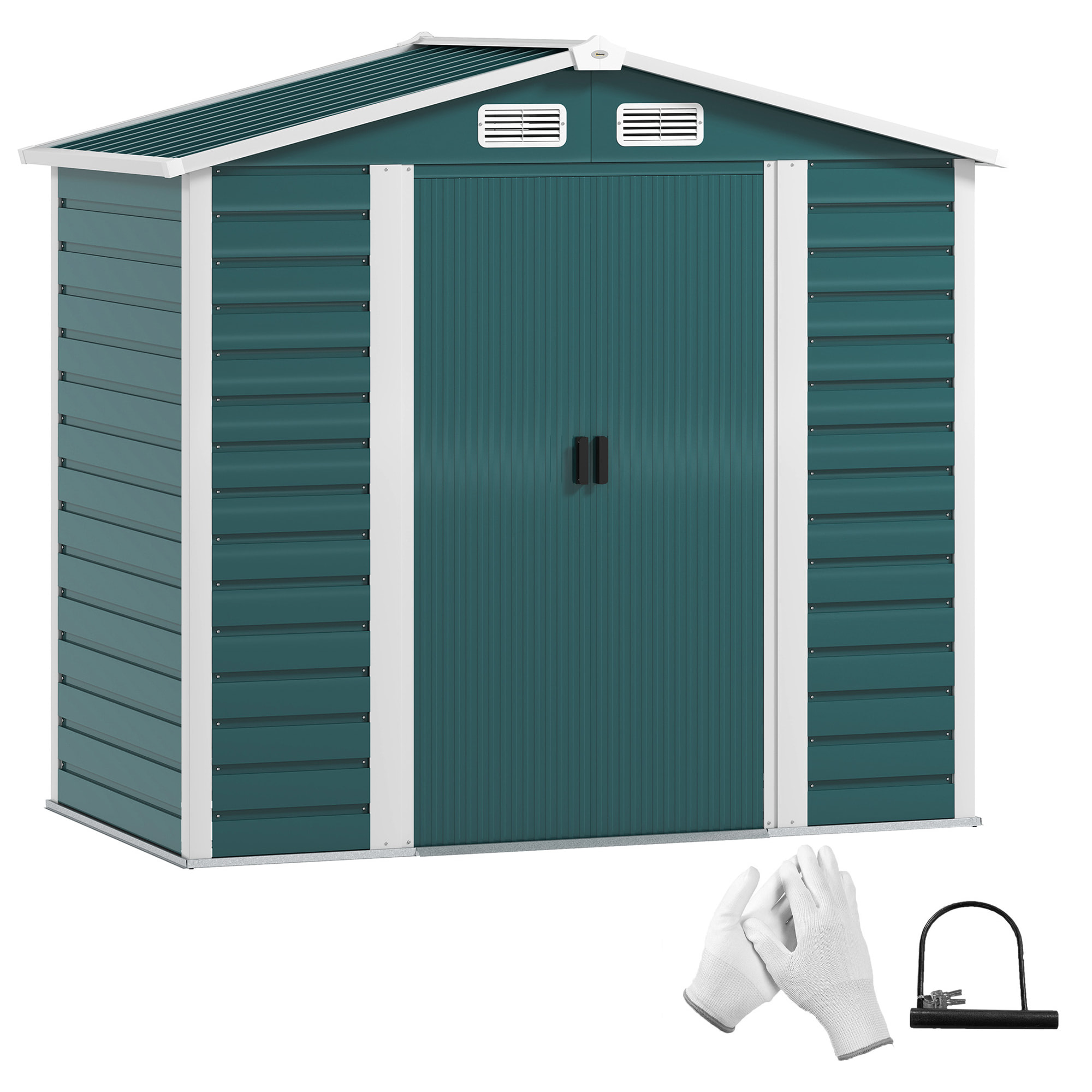 Caseta de Jardín Exterior 2,36m² 213x120x194 cm Cobertizo de Jardín Exterior con Base Refuerzo (Suelo NO Incluido) Puertas Correderas Dobles Candado Ventanas Verde Oscuro