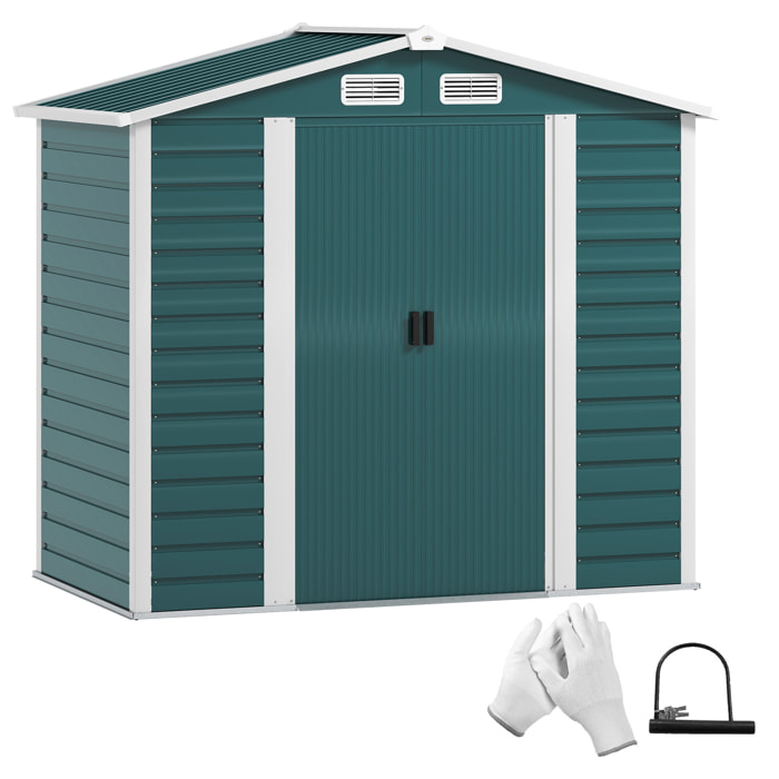 Caseta de Jardín Exterior 2,36m² 213x120x194 cm Cobertizo de Jardín Exterior con Base Refuerzo (Suelo NO Incluido) Puertas Correderas Dobles Candado Ventanas Verde Oscuro